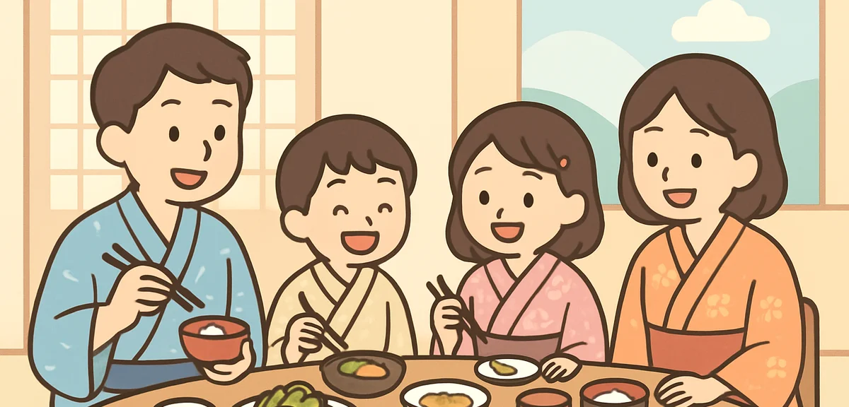 Family in yukata enjoying ryokan dinner, traditional Japanese hospitality