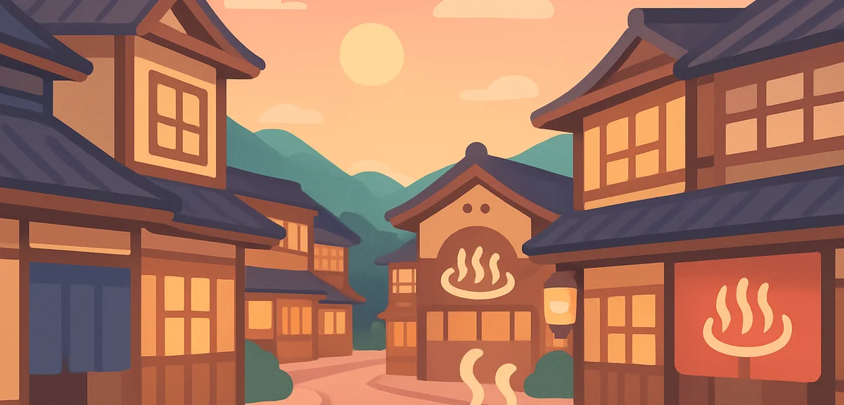 Hot spring town street with traditional Japanese architecture, summer evening