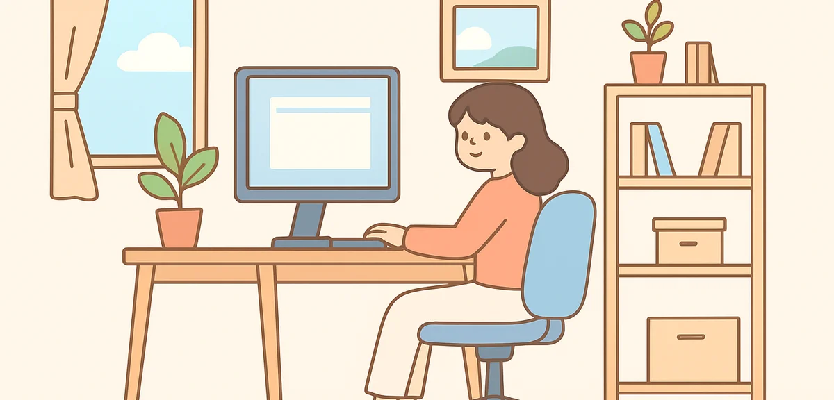 Organized home workspace with monitor and ergonomic chair, productive remote setup