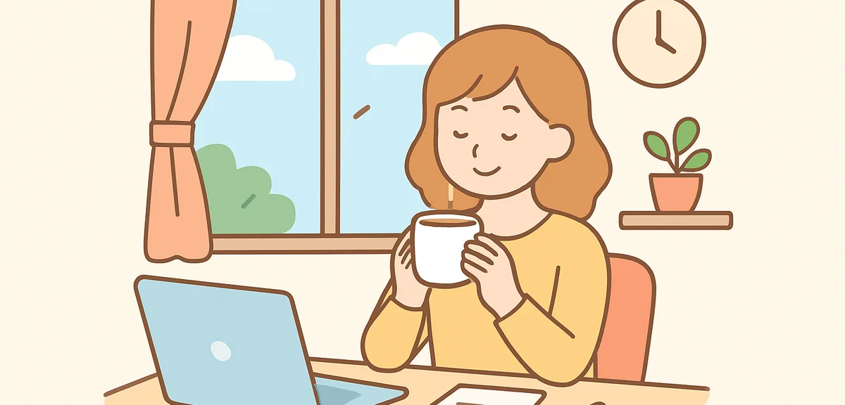 Person taking break with coffee at home office window, work-life balance