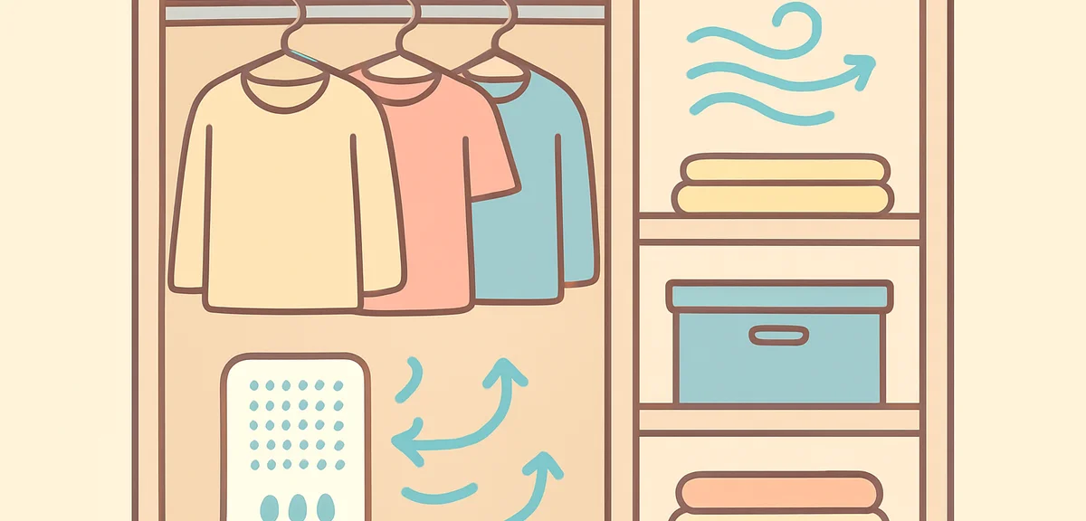 Organized closet with moisture absorbers and air circulation, clean storage