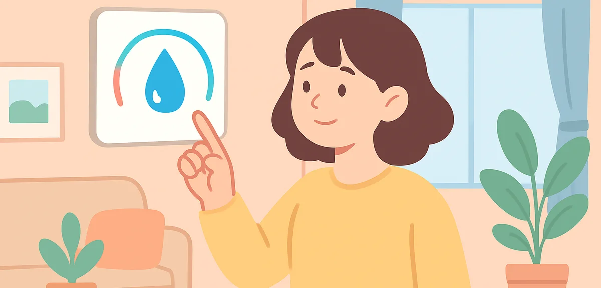 Person checking humidity gauge in living room, indoor air quality monitoring