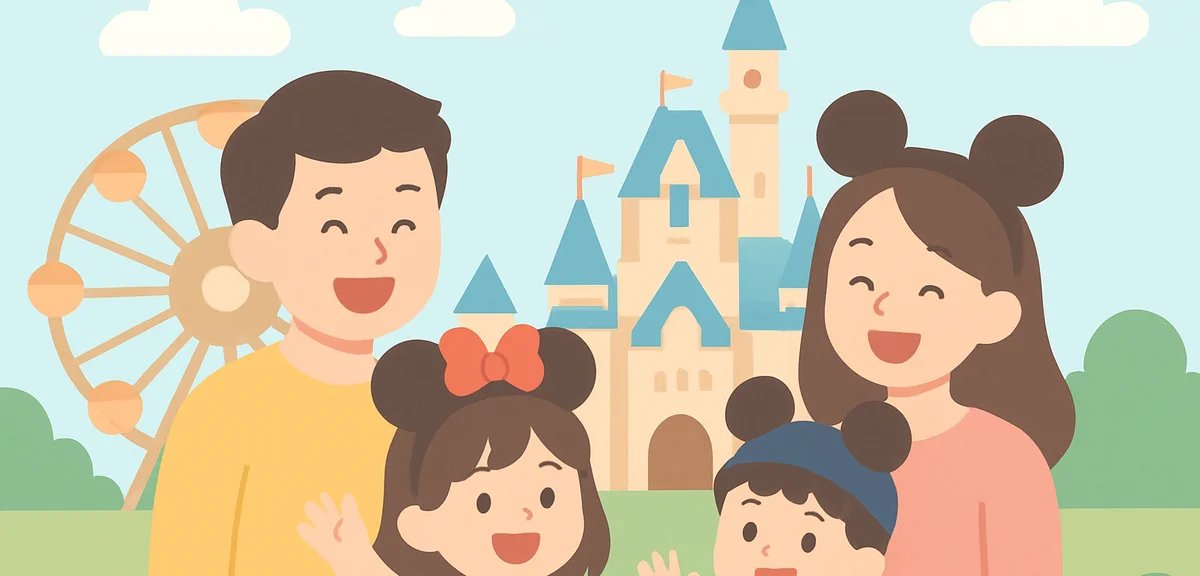 Family enjoying Disney attractions with smiling faces, theme park happiness