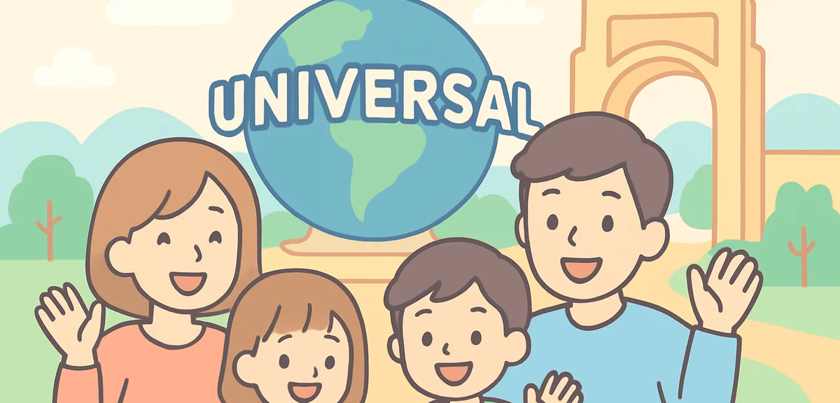 Family with characters at Universal Studios theme park, fun family memory