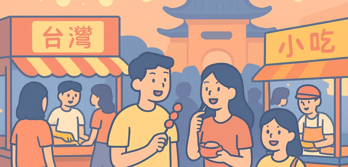 Taiwanese night market with food stalls and crowds, lively street food scene