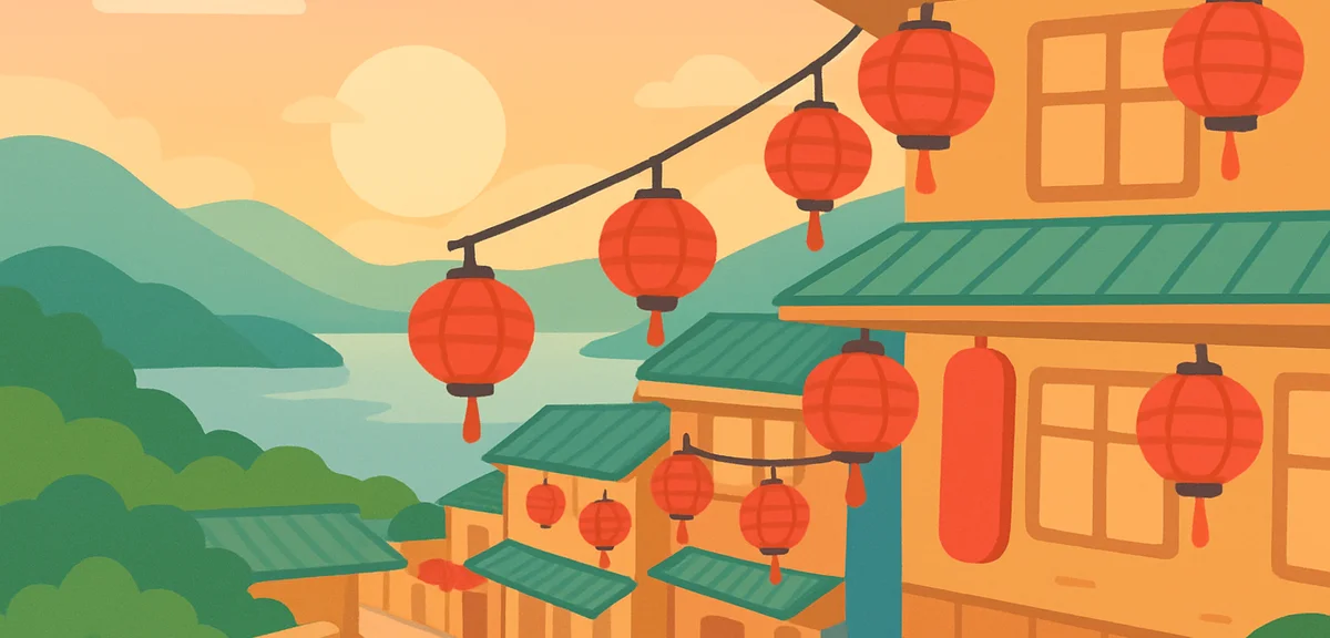 Jiufen old street with red lanterns at sunset, scenic Taiwan landscape
