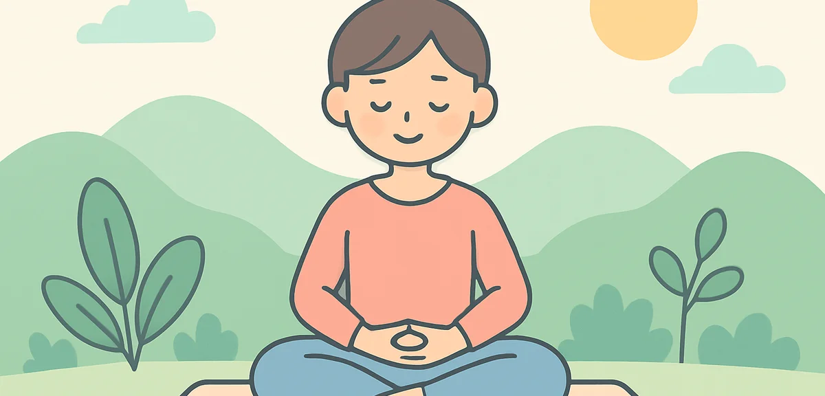 Cross-legged meditation pose with calm expression, traditional meditation scene
