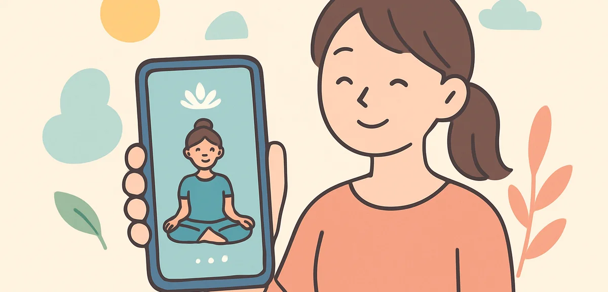 Smartphone with meditation app displayed, modern mindfulness practice