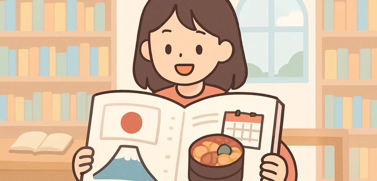 Open Japanese history book showing holidays explanation, library scene