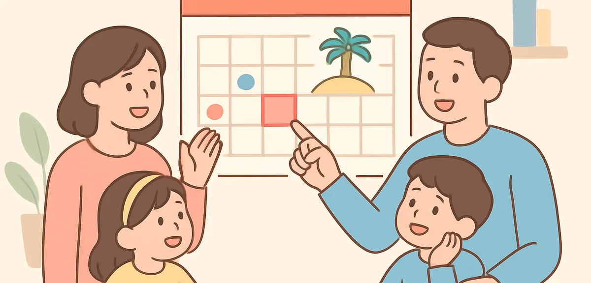 Family looking at calendar discussing holidays, educational household scene