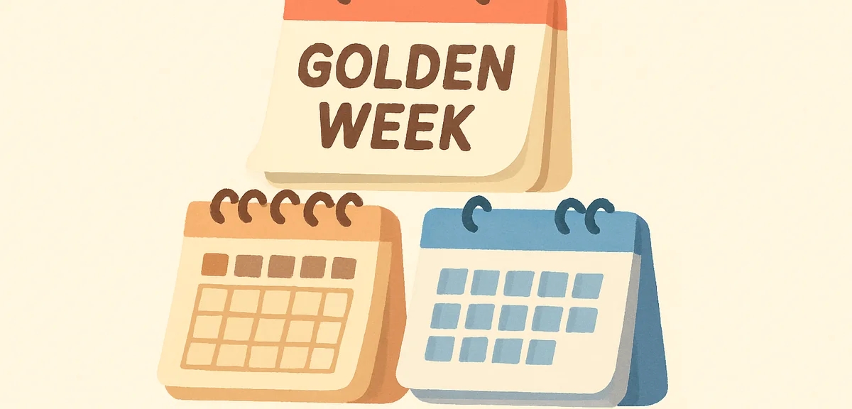 Stack of vintage and modern calendars showing Golden Week through decades, timeline concept