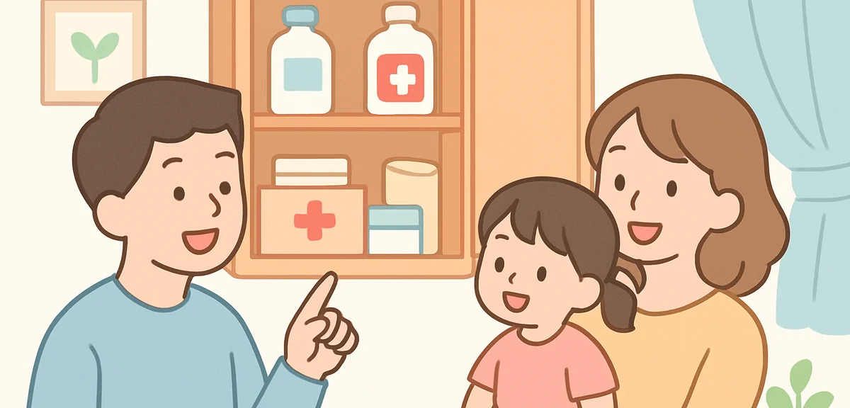 Family medicine cabinet with first aid supplies, home preparedness scene