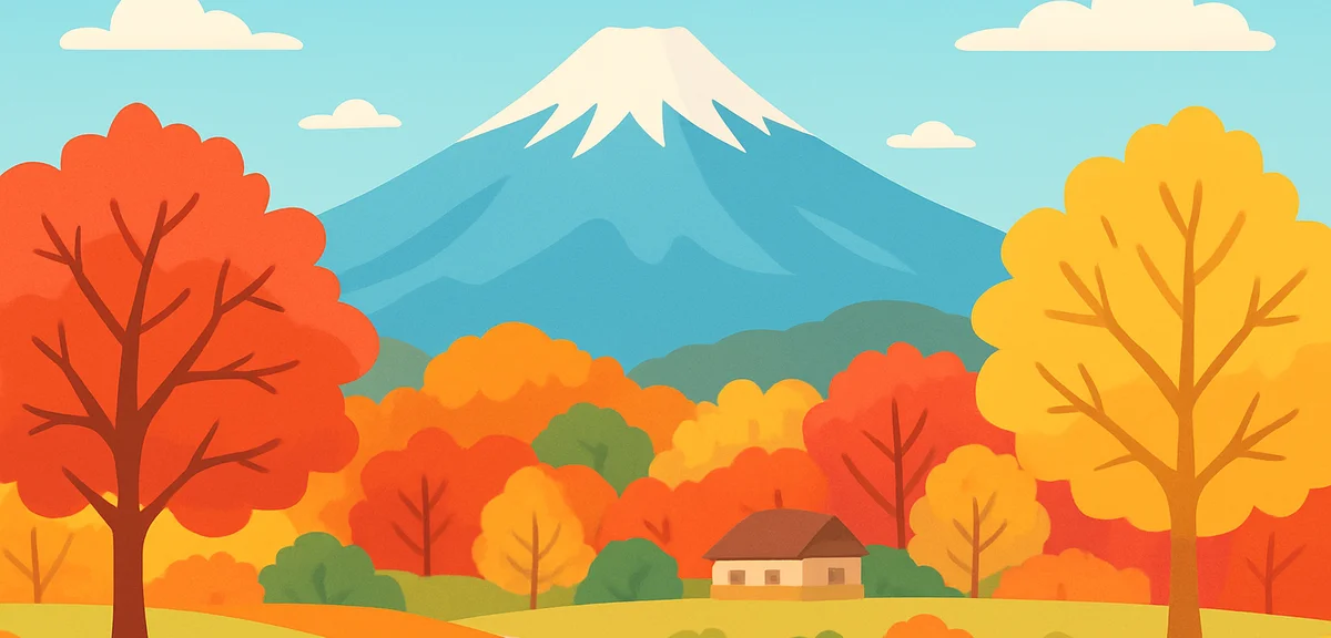 Panoramic view of Japanese mountains covered in autumn foliage, mix of red maple and yellow ginkgo t