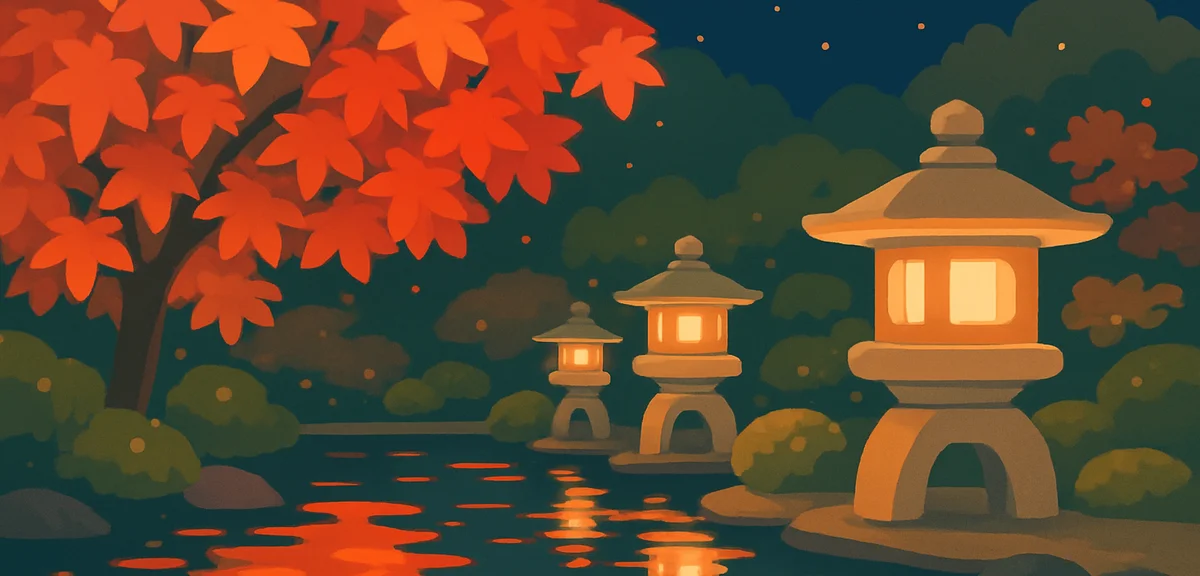 Illuminated autumn garden at night in Japan, glowing red maple leaves reflected on pond water, tradi