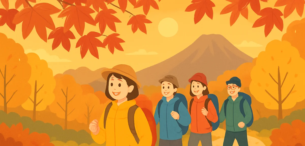 Crowded but beautiful Mount Takao trail in autumn, red maple leaves overhead, hikers in colorful gea