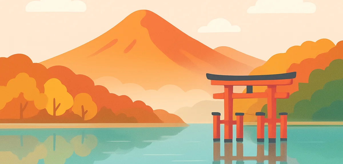 Hakone Ashinoko lake with reflection of red and yellow autumn mountains, traditional torii gate, mis