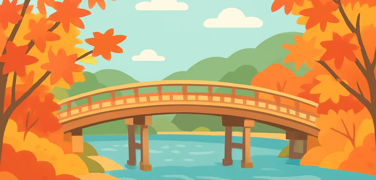 Togetsukyo bridge over Hozu river surrounded by red and orange maples in Arashiyama Kyoto, daylight,