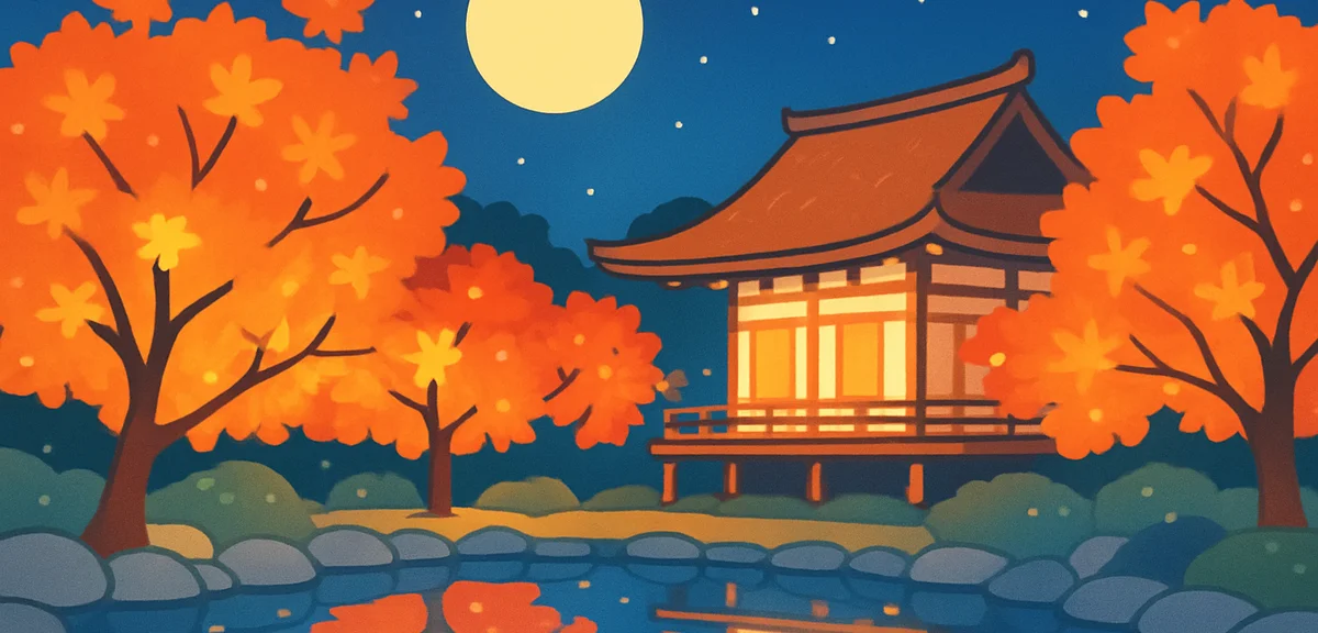 Illuminated maple trees and reflection pond at Kodaiji temple in Higashiyama Kyoto at night, magical
