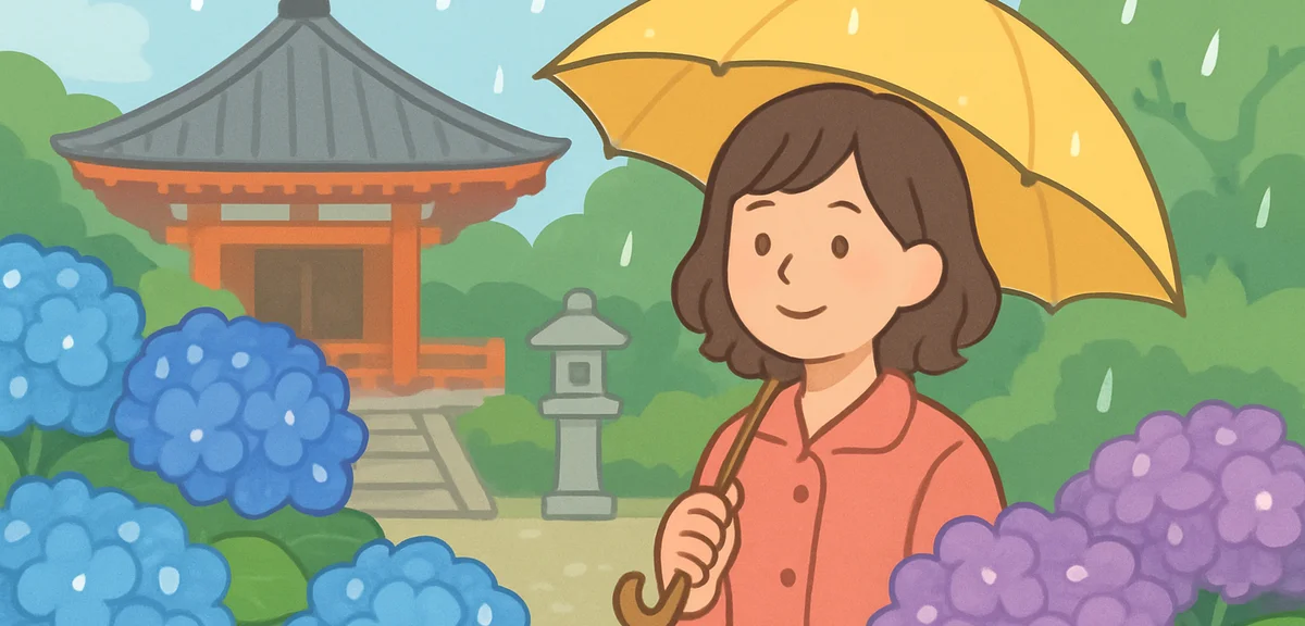 Hydrangea flowers in vibrant blue and purple at a Japanese temple garden during the rainy season, ra