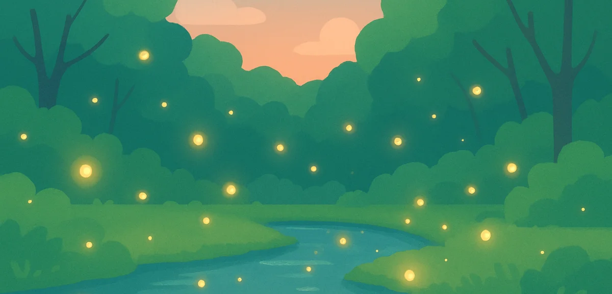 Fireflies glowing over a clear stream at dusk in early summer Japan, lush green forest in the backgr
