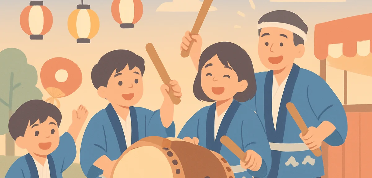 Traditional Japanese summer festival in June with people in happi coats performing taiko drumming, e