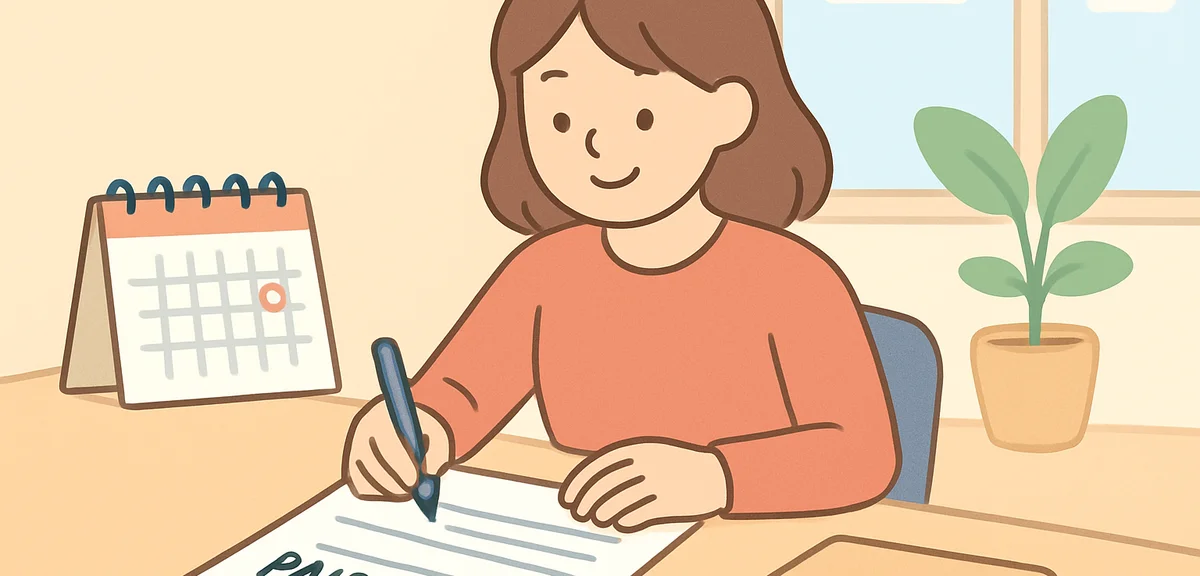 Office worker filling out a paid leave request form on a desk, calendar visible in background, soft 