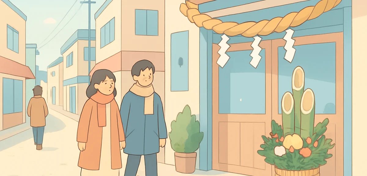 Japanese town street decorated for the New Year with shimenawa rope and kadomatsu, people in winter 