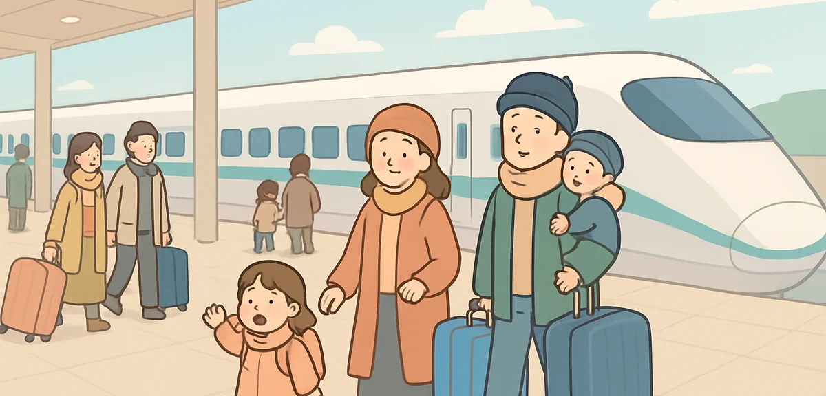 Wide shot of a Japanese Shinkansen platform with travelers in winter coats, large suitcases, familie