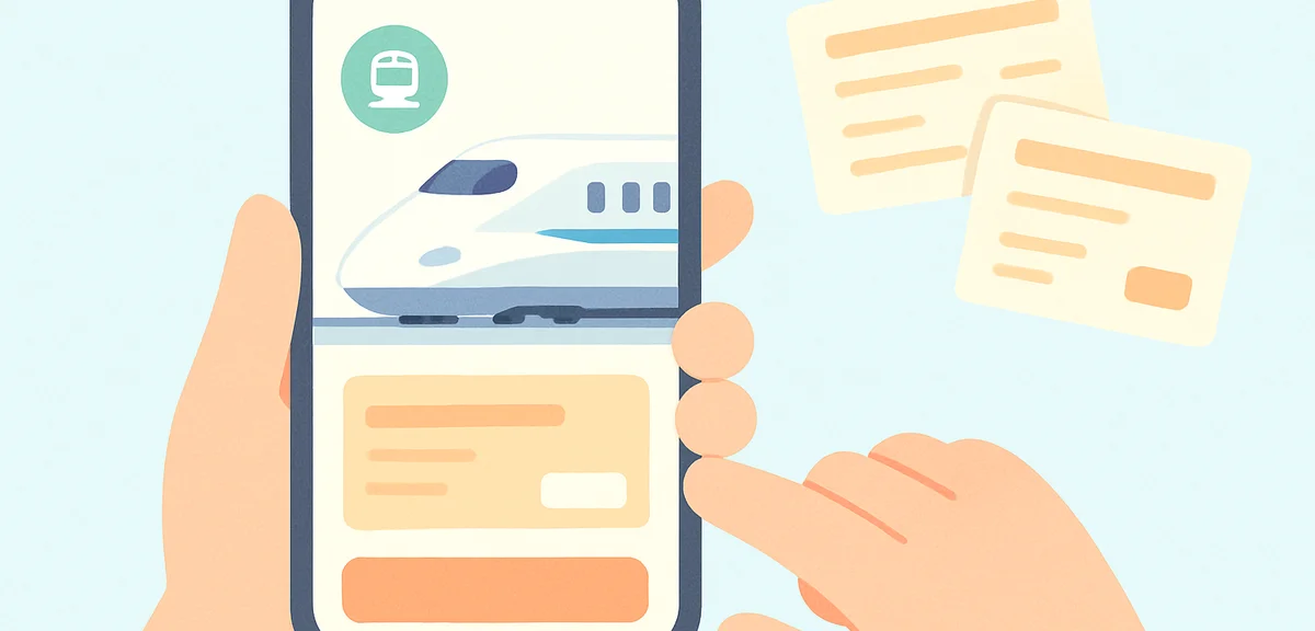 Hands holding a smartphone showing a Japanese train booking app, tickets being selected for a Shinka