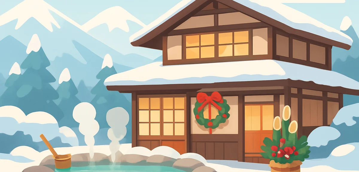 Cozy Japanese ryokan with outdoor hot spring overlooking snowy mountains, traditional inn with warm 