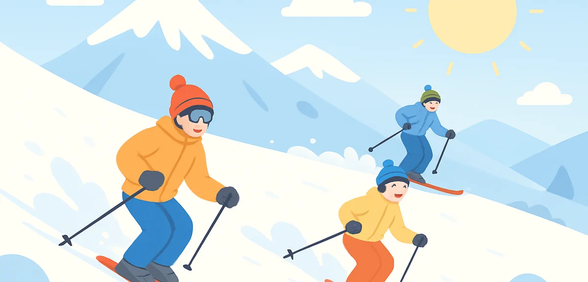 Skiers on a powder snow slope in Japan with majestic mountains in the background, bright winter sun,