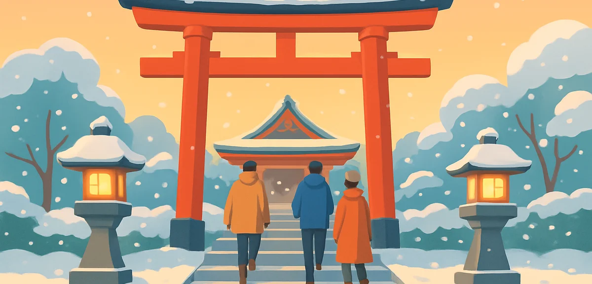 Traditional Japanese shrine torii gate at New Year, snow on rooftops, lantern lights glowing, people