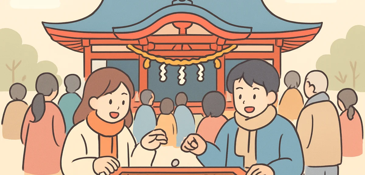 Crowded Japanese shrine during hatsumode, worshippers tossing coins into wooden offering box, hangin
