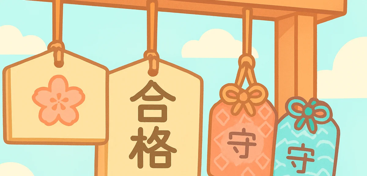 Close-up of Japanese omamori amulets and ema wooden plaques hanging at a shrine, calligraphy visible