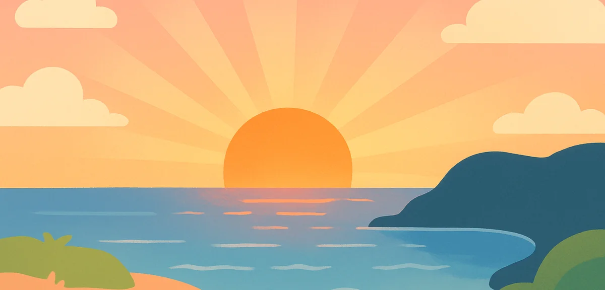 Dramatic sunrise over the ocean from a Japanese cape, silhouette of headland, vibrant orange and pin