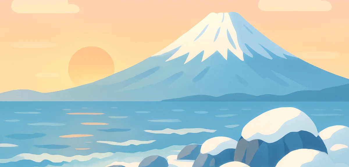Snowy cape in Japan at sunrise on New Year's Day, frosted rocks and cold ocean, warm golden light br