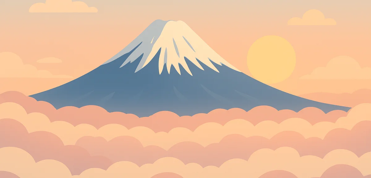 Mount Fuji summit with sea of clouds at sunrise, breathtaking aerial view, golden hour, photorealist