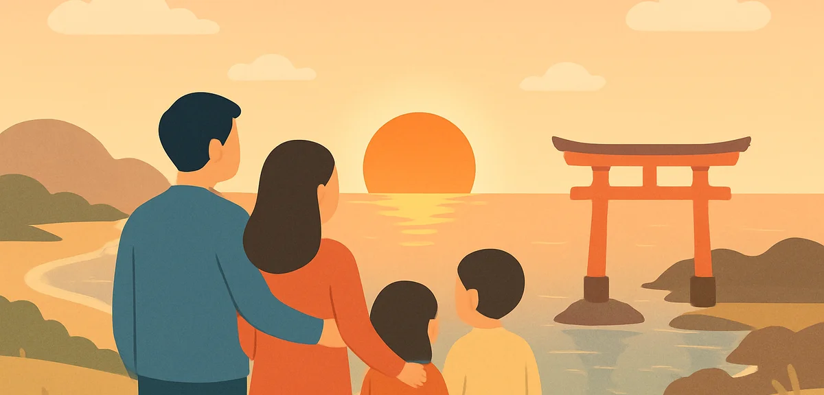 Family silhouettes watching the first sunrise of the year from a Japanese cape, warm orange light, p