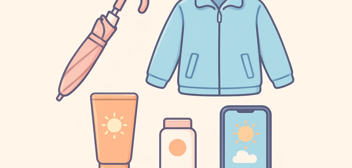 Outdoor preparation gear for Japanese spring travel: folding umbrella, light jacket, sunblock, smart