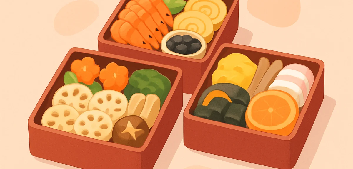 Beautiful traditional Japanese osechi ryori in three-tier lacquered jubako boxes, top-down view, vib