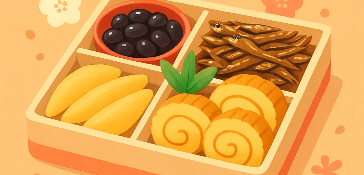 Close-up of traditional Japanese osechi ichi-no-ju box with kuromame, kazunoko, tazukuri, datemaki, 