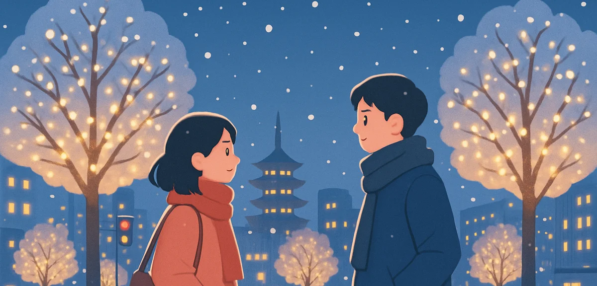 Snowy Japanese cityscape at night with warm white illumination on street trees, romantic winter even