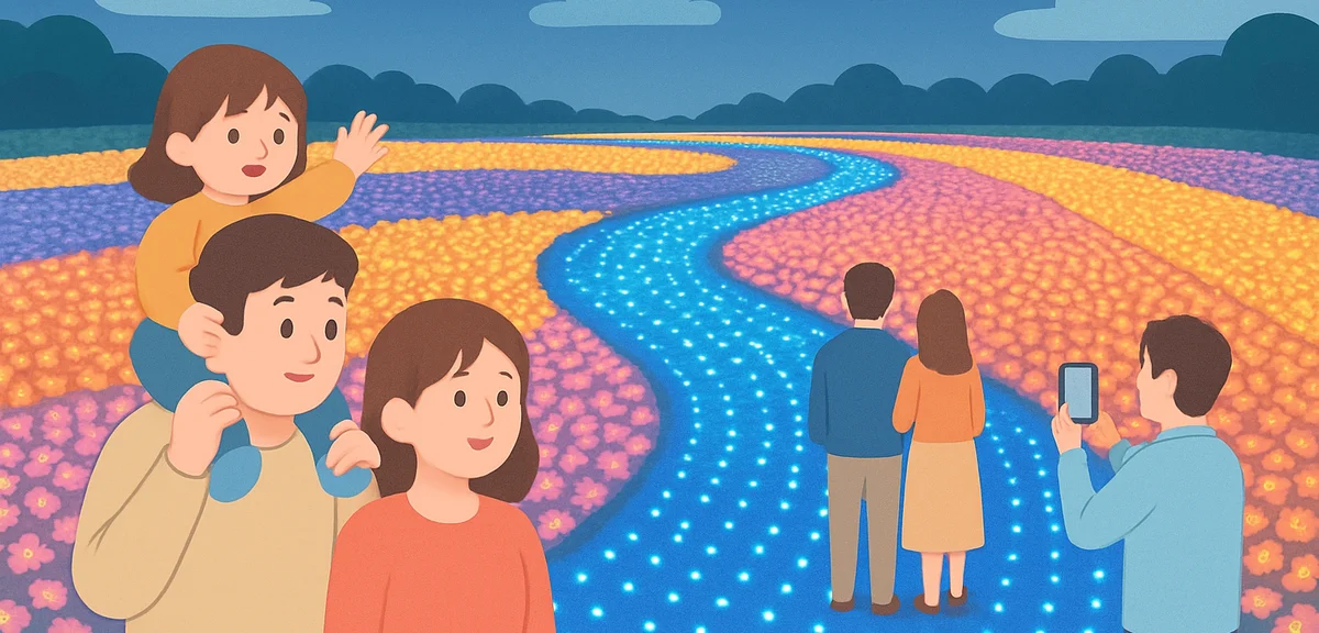 Large outdoor garden illumination in Japan with vast LED flower fields, blue river of lights, famili