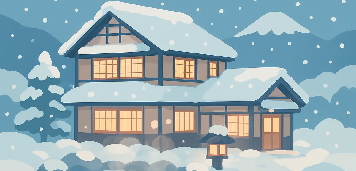 Hokkaido onsen town in winter with heavy snowfall, traditional ryokan inn covered in snow, warm lamp