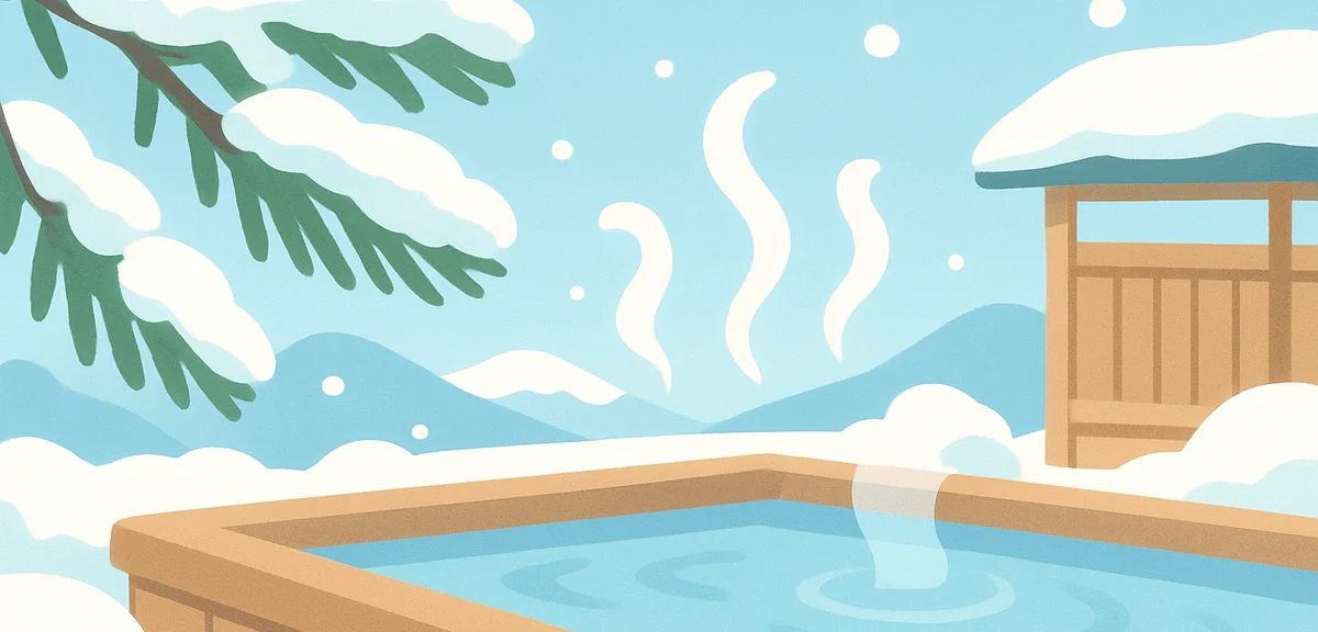 Close-up of snowy outdoor onsen with steam rising, snow-laden pine branches in foreground, wooden ba