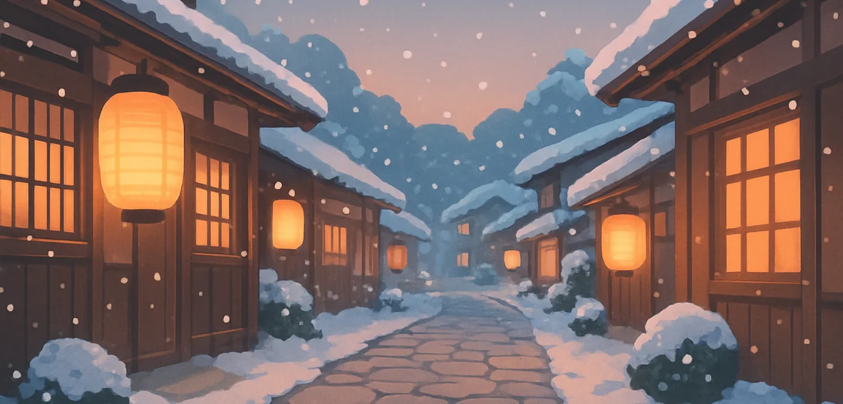 Snowy onsen village street at dusk in Japan, traditional stone-paved path, soft glowing lanterns, ge