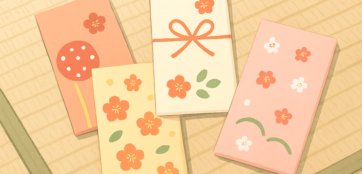 Traditional Japanese pochibukuro envelopes with festive patterns arranged neatly on tatami, soft nat
