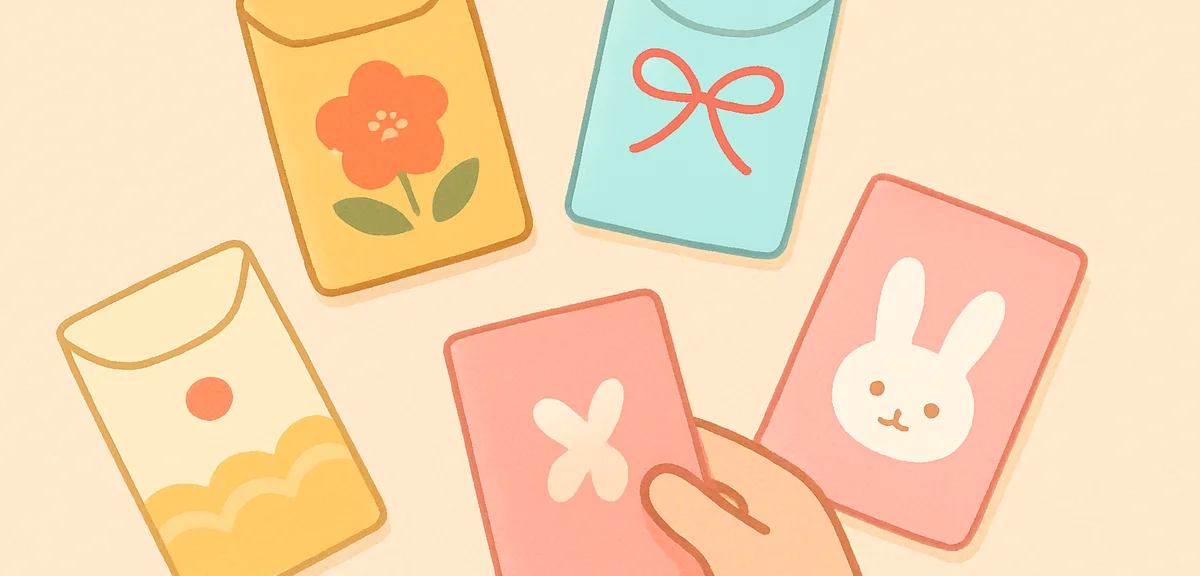 Selection of various pochibukuro envelope designs spread out, hand reaching to choose one, warm tone