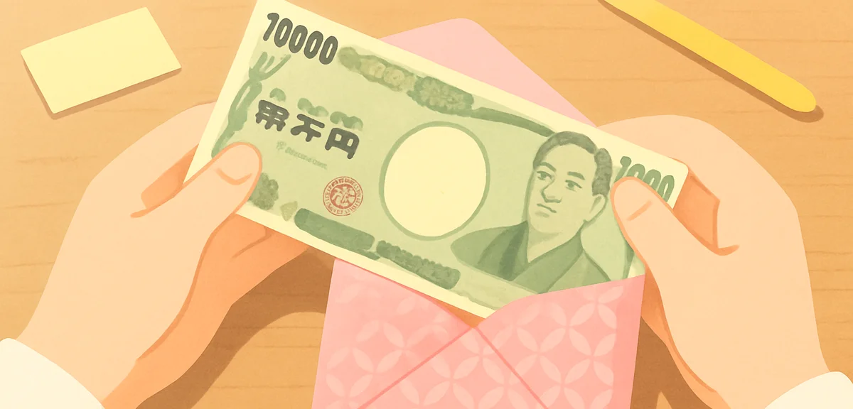 Crisp new banknotes being folded neatly into a pochibukuro envelope on a wooden desk, careful prepar