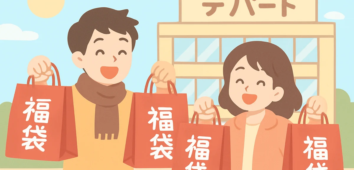 Excited shoppers holding multiple fukubukuro lucky bags outside a Japanese department store on New Y